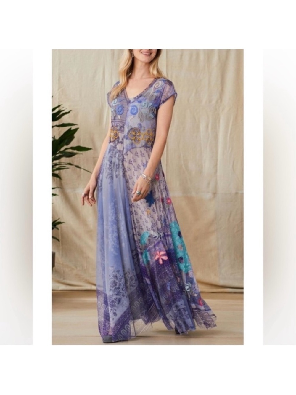 Johnny Was Lavender & Teal Floral V-Neck Maxi Dress